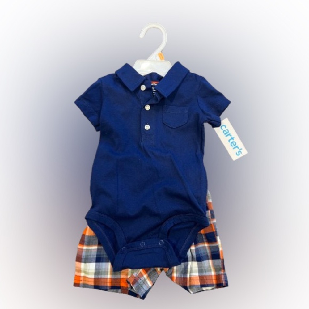 Carter's Navy and Orange Plaid Baby Bodysuit Set